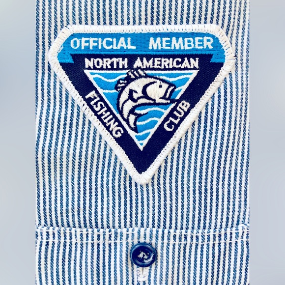 Distressed VTG embroidered patchs railroad ticking shirt XL Natural inst… - Picture 5 of 16